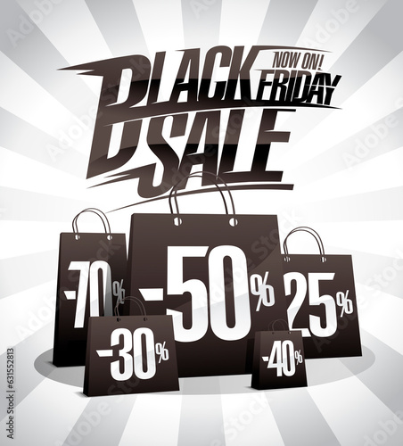 Black friday sale poster with black paper bags and rays on a backdrop