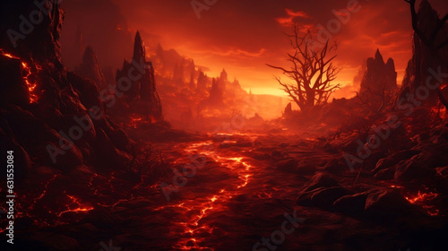 Majestic volcano, with fiery lava flowing from its summit, creating a dramatic sunset scene. War, battle, terror, world apocalypse, horror concept. Created with generative ai