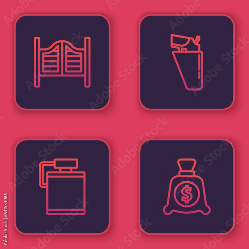Set line Saloon door, Canteen water bottle, Revolver gun in holster and Money bag. Blue square button. Vector
