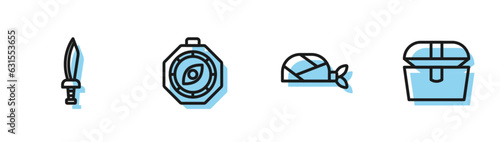 Set line Pirate bandana for head, sword, Compass and Antique treasure chest icon. Vector