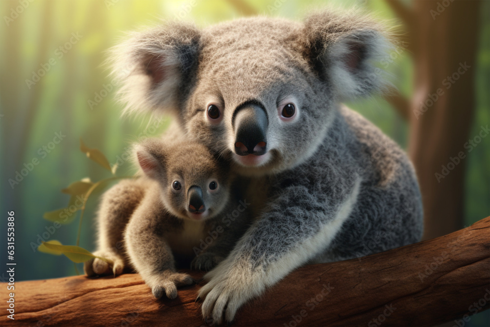 Cute koala with her baby on eucalyptus tree Cute koala with her baby on eucalyptus tree