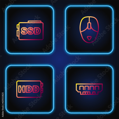 Set line RAM, random access memory, Hard disk drive HDD, SSD card and Computer mouse. Gradient color icons. Vector