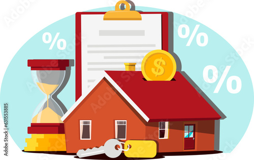 Concept of mortgage, house with mortgage deed, keys and an hourglass as symbol of time. Stock vector illustration