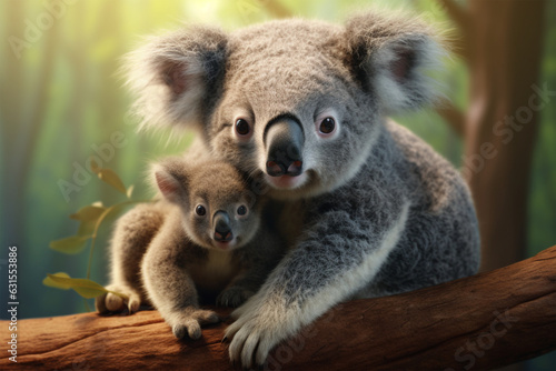 Cute koala with her baby on eucalyptus tree