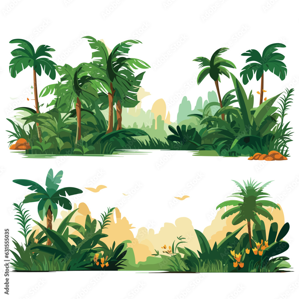 Vector set of lush tropical greenery isolated on a white background