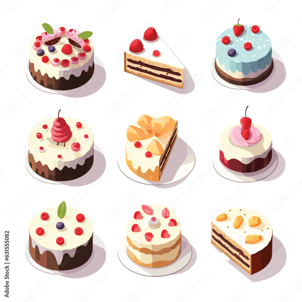Vector set of delicious pastry with fruits icons against a neutral background Vector set of delicious pastry with fruits icons against a neutral background