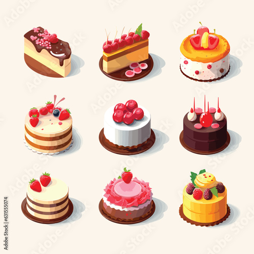 Vector set of delicious pastry with fruits icons against a neutral background