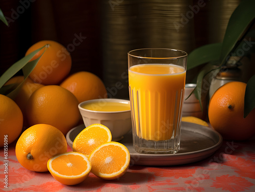 glass of fresh orange juice with fresh fruits on colorful table in studio