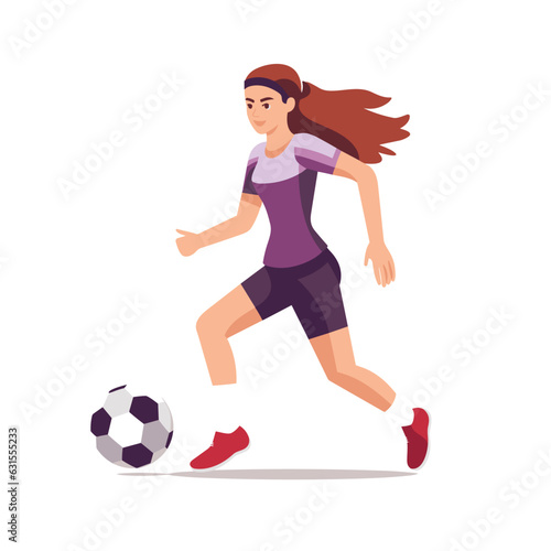 Colorful vector illustration of a female athlete kicking a soccer ball in midair
