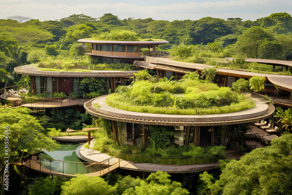 Eco-lodge or ecolodge house with a panoramic view of the lush forest and a tranquil river, ecotourism concept Eco-lodge or ecolodge house with a panoramic view of the lush forest and a tranquil river, ecotourism concept