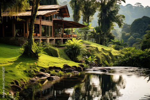 Eco-lodge or ecolodge house with a panoramic view of the lush forest and a tranquil river, ecotourism concept