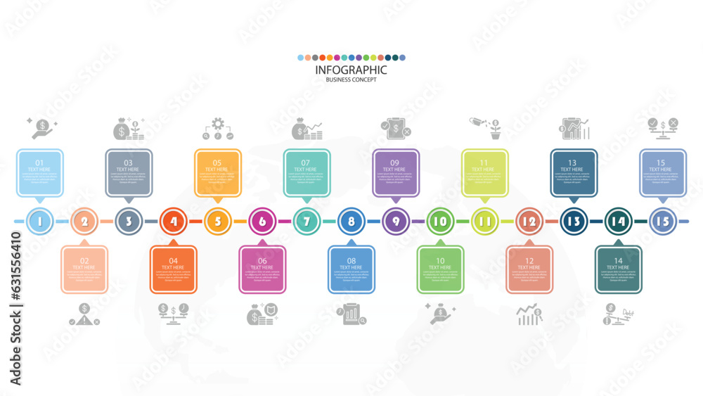 Infographic process design with icons and 15 options or steps. Infographic process design with icons and 15 options or steps.