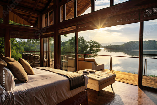 Fototapeta Ecolodge or eco-lodge hotel interior with lake view, creating a serene and relax