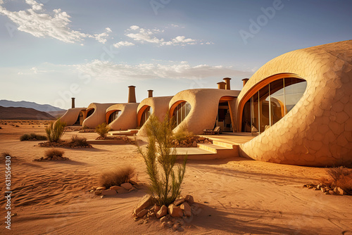 Eco-friendly ecolodge or eco-lodge desert with sustainable houses that blend harmoniously with the desert landscape