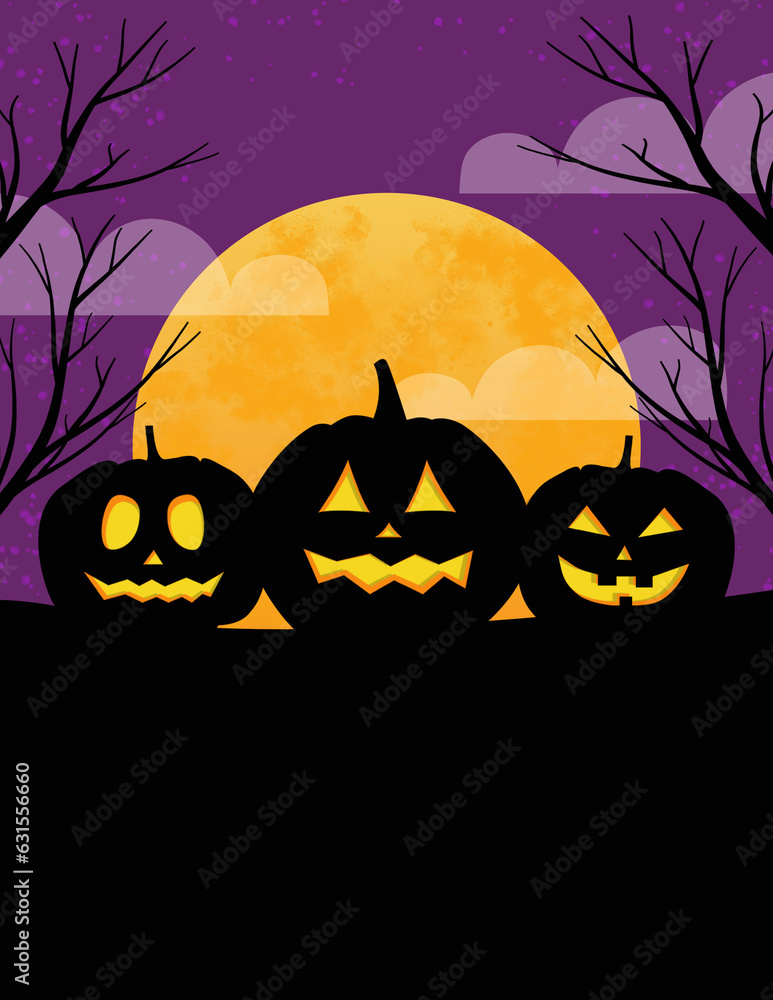 Purple Halloween Black Pumpkins Tree Moon Clouds Background