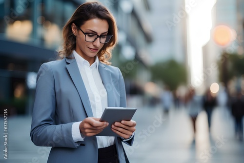 Young busy pretty business woman professional office manager executive or global international company employee standing on big city street outside using digital tablet fintech device. generative AI