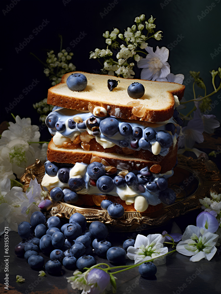 Fototapeta premium layered sandwich with blueberry cream, blueberry dessert, dessert and flowers on the table, black background