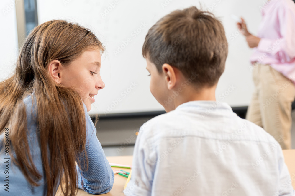 Close up, rear view portrait of schoolgirl and schoolboy. Students discuss their homework with each other. In the background, the teacher near the blackboard explains the lesson. Cheerful conversation Close up, rear view portrait of schoolgirl and schoolboy. Students discuss their homework with each other. In the background, the teacher near the blackboard explains the lesson. Cheerful conversation