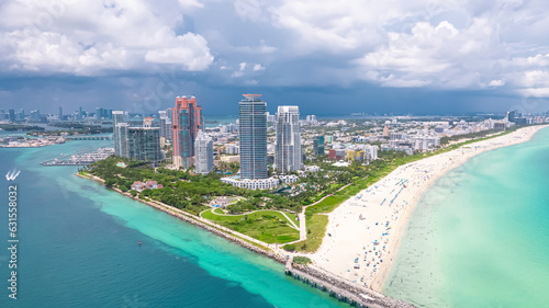 Miami. Miami Beach Florida. Panorama of South Miami Beach FL. Atlantic Ocean. Beautiful seascape. Turquoise color of sea water. Summer vacation in Florida. Aerial view on Hotels and Resorts on Island