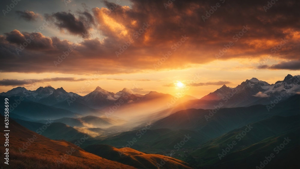Sunset in mountains, dramatic sky. AI generative.