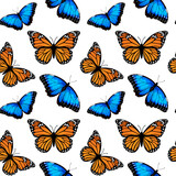 Seamless pattern with monarch butterflies and blue morpho butterflies