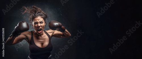 Woman with boxing gloves, action style photo - looks like she's charging attacking, screaming angry expression. Banner copy space at side. Generative AI © Lubo Ivanko