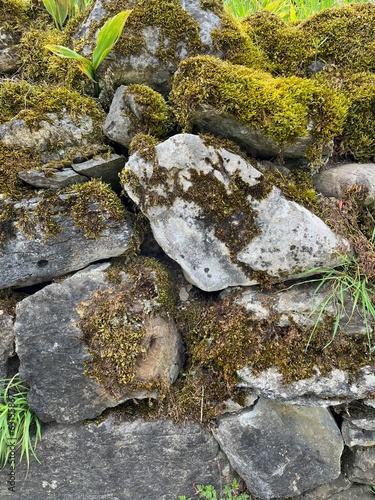 Closeup of old and mossy stone wall in full frame