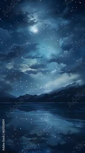 Midnight moonlight magical cloudscape with starry sky and calm river hd phone wallpaper ai generated