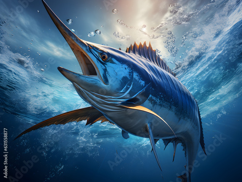 Blue Marlin fish jumping out of ocean water. Generative AI photo