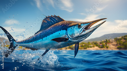 Blue Marlin fish jumping out of ocean water. Generative AI © kitti