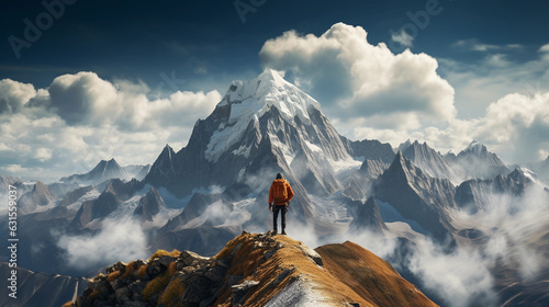 A hiker reaching the peak of a towering mountain, triumphant, with a picturesque vista of the valley below. Dramatic clouds, eagle soaring overhead, snowy peaks in the distance