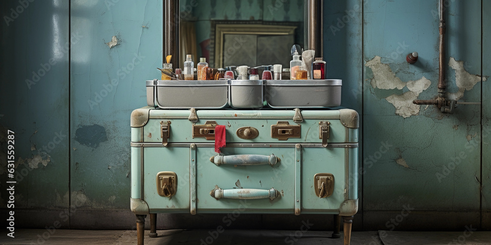 a vintage suitcase upcycled into a stylish vanity. Detailed textures, vibrant colors, before in an attic setting, after in an elegantly decorated bathroom
