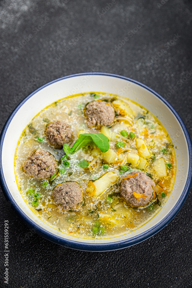 soup meatball first course meat balls vegetable food meal snack on the table copy space food background rustic top view keto or paleo diet soup meatball first course meat balls vegetable food meal snack on the table copy space food background rustic top view keto or paleo diet
