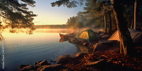 An early morning scene of a lakeside campsite, vintage canoe resting by the shore, steaming coffee pot over a campfire, dew - kissed tent, sunrise over the calm lake, mist rising from the water