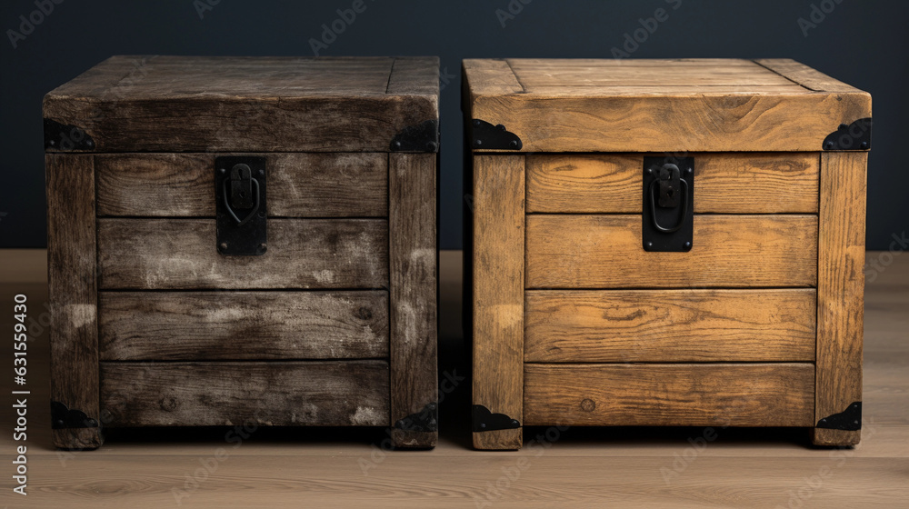 a wooden crate, before and after being upcycled into a rustic coffee table. Detailed texture, natural lighting, raw wood finish, before on a white background, after set in a cozy living room a wooden crate, before and after being upcycled into a rustic coffee table. Detailed texture, natural lighting, raw wood finish, before on a white background, after set in a cozy living room