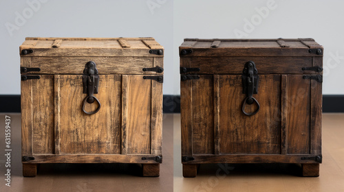 a wooden crate, before and after being upcycled into a rustic coffee table. Detailed texture, natural lighting, raw wood finish, before on a white background, after set in a cozy living room photo