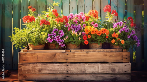 Rustic wooden pallet transformed into a colorful garden planter, laden with vibrant flowers, in a sunny backyard, artistic view