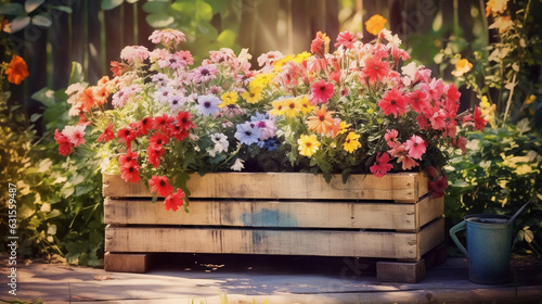 Rustic wooden pallet transformed into a colorful garden planter, laden with vibrant flowers, in a sunny backyard, artistic view