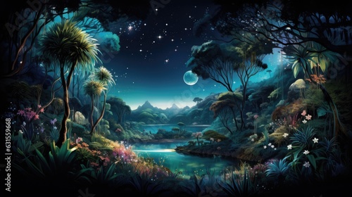 Nocturnal rainforest, Highlighting the glowing bioluminescent plants, Active nocturnal creatures, Dense foliage, Flowing river, Generative AI
