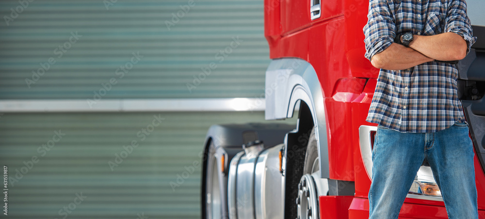 Fototapeta premium Trucker in Front of His Brand New Red Semi Truck