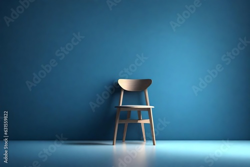 a single chair placed in front of a wall that is blue