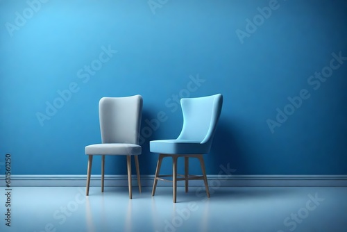 a single chair placed in front of a wall that is blue