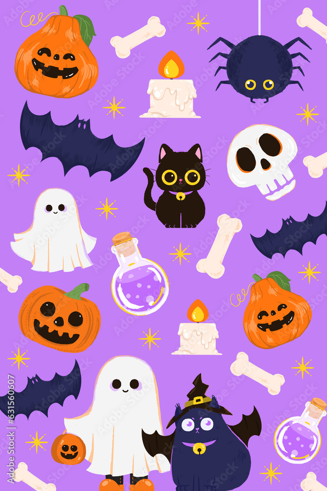 Cute Halloween festival background. Trick or treat, Witch, the cute black cat, skull, bat, candle, potion, festive, pumpkin. Cute Halloween festival background. Trick or treat, Witch, the cute black cat, skull, bat, candle, potion, festive, pumpkin.