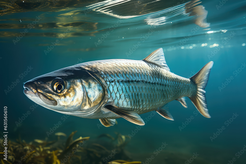 Close-up one Herring fish under water surface. Underwater shot of a gray fish underwater in a blue sea. Close-up one Herring fish under water surface. Underwater shot of a gray fish underwater in a blue sea.