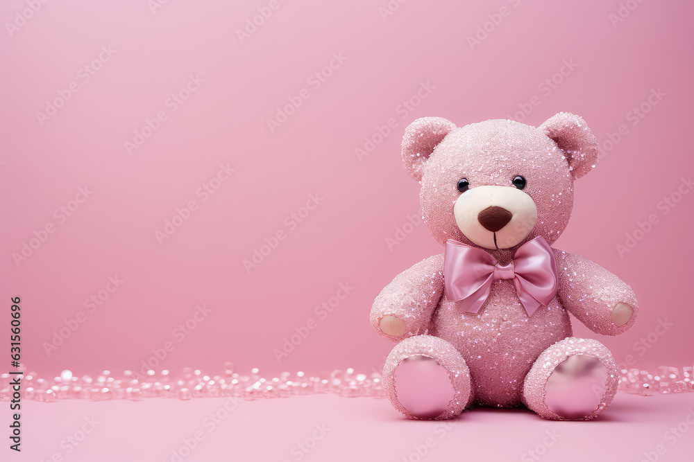 One cute plush glittery toy bear with pink bow isolated on pink background with copy space for text. Toy store banner template. 3d render illustration style. One cute plush glittery toy bear with pink bow isolated on pink background with copy space for text. Toy store banner template. 3d render illustration style.