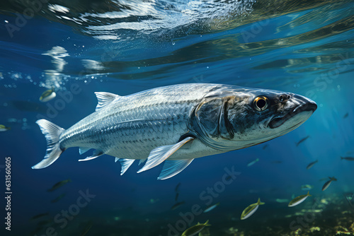 Close-up one Herring fish under water surface. Underwater shot of a gray fish underwater in a blue sea. © dinastya
