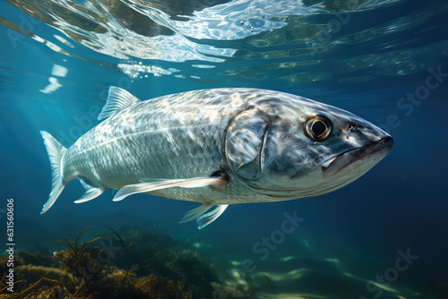 Close-up one Herring fish under water surface. Underwater shot of a gray fish underwater in a blue sea. © dinastya