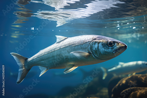 Close-up one Herring fish under water surface. Underwater shot of a gray fish underwater in a blue sea.