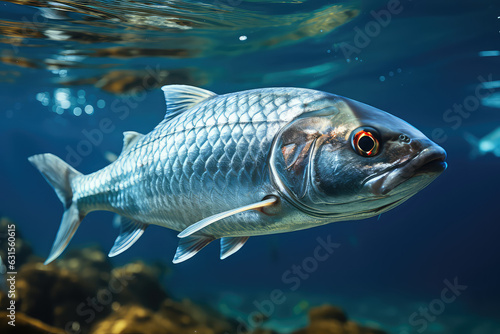 Close-up one Herring fish under water surface. Underwater shot of a gray fish underwater in a blue sea.