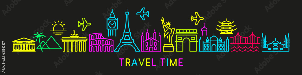 Set of conceptual travel icons. Signs in bright colors Background on the theme of tourism and travel. Web banner